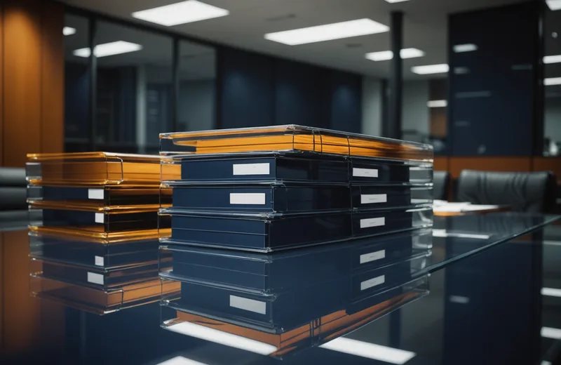 Abstract M&A deal room atmosphere with document stacks